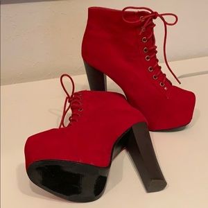 🔹DELICACY Red velvet lace up platform ankle boots